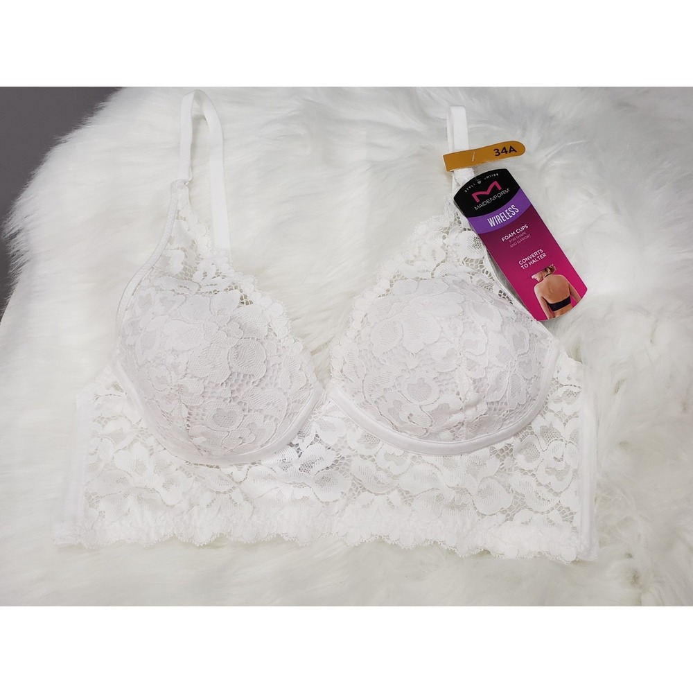 NEW 34A MAIDENFORM Convertible Lace Lightly Lined White Silv Bralette Bra